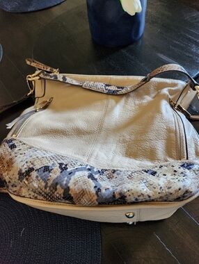 B Makowsky Cream and Tan Crossbody Bag with Textured Leather Finish